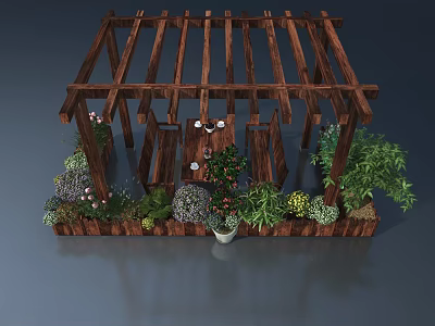 Elegant Wooden Swing Door In Garden Pergola With Lush Green Plants And Seating 3d model
