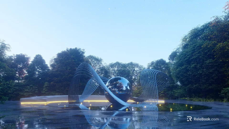 Modern Sculpture Featuring Metal Sphere And Curved Metal Strips In Water With Trees And Lighting 3d model 