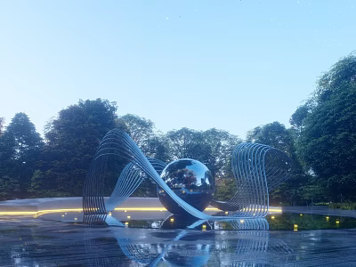 Modern Sculpture Featuring Metal Sphere And Curved Metal Strips In Water With Trees And Lighting 3d model