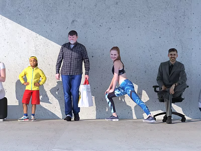 Group of People in Various Outfits Standing and Sitting Against Gray Wall in Outdoor Area 3d model