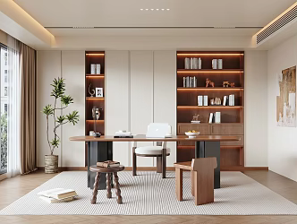 Modern Middle Style Study Desk Chair Bookcase Decorative Cabinet 3d model