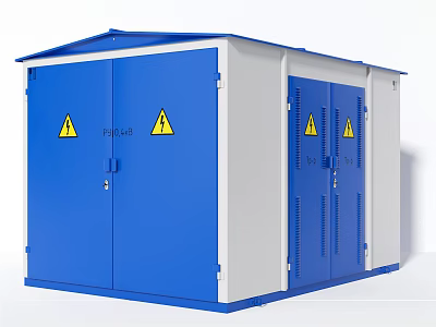 Blue And White High Voltage Distribution Box With Yellow Warning Signs 3d model
