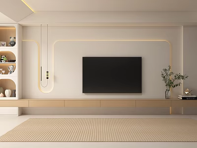 Modern Living Room Interior With TV Wall LED Lights TV Cabinet Shelf Rug And Plant 3d model