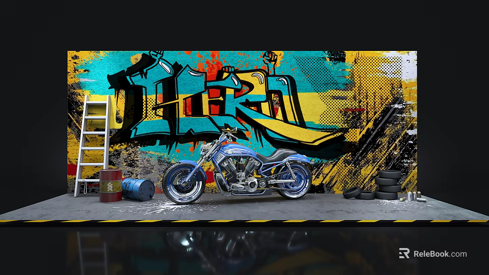 Custom Motorcycle Parked By Vibrant Graffiti Wall With Ladder Oil Drums And Stack Of Tires 3d model 