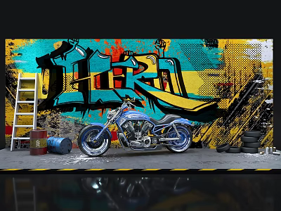 Custom Motorcycle Parked By Vibrant Graffiti Wall With Ladder Oil Drums And Stack Of Tires 3d model