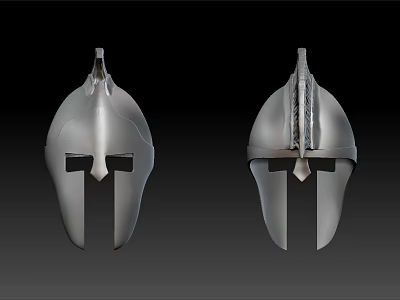 Medieval Style Silver Metal Helmets With Decorative Crests And Face Guards 3d model