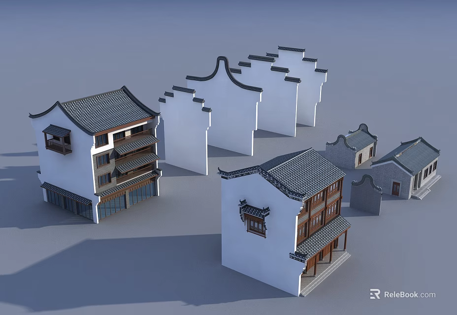 Traditional Chinese Ancient Architecture With Classic Roof Design White Walls And Gray Tiles 3d model 