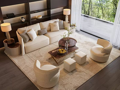 Beige Sofa Coffee Table Set With Throw Pillows Armchairs Ottomans And Area Rug 3d model