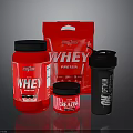 Red Whey Protein Powder Supplements With Shaker Bottle And Healthy Nutrition