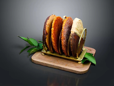Assorted Colored Bread Slices Displayed on Wooden Tray With Green Leaf Accents 3d model
