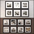 Black and White Framed Landscape Paintings With Ships Trains And Airplane Parts