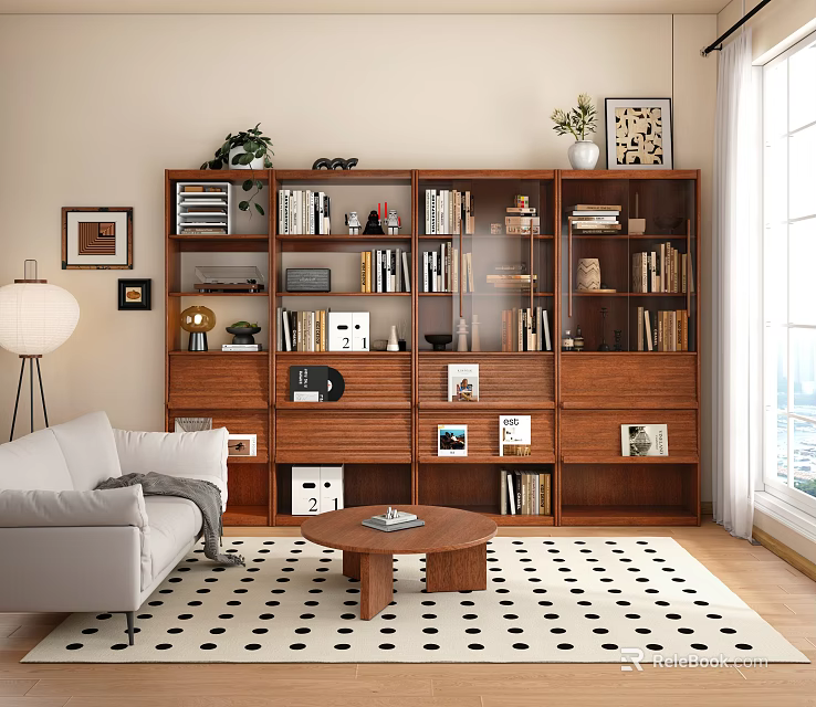 Wooden Bookcase In Living Room With Books Decorations Plants Sofa And Polka Dot Rug 3d model 