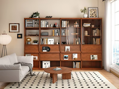 Wooden Bookcase In Living Room With Books Decorations Plants Sofa And Polka Dot Rug 3d model