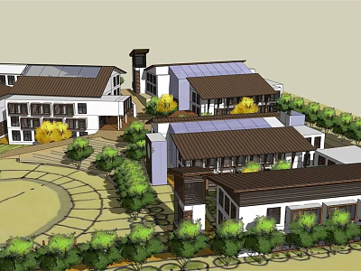 Contemporary Building Complex Design With White Walls Dark Roofs Green Landscaping And Circular Courtyard 3d model