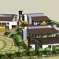 Contemporary Building Complex Design With White Walls Dark Roofs Green Landscaping And Circular Courtyard