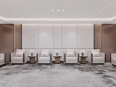 Modern Hotel Public Lounge Area With Light Armchairs Side Tables And Gray Carpet 3d model