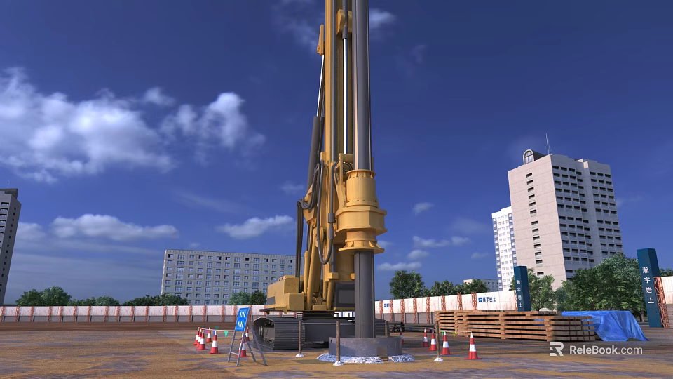 Large Yellow Industrial Drilling Rig on Construction Site With Tall Buildings and Blue Sky 3d model 