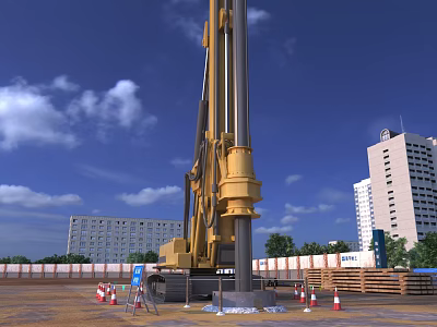Large Yellow Industrial Drilling Rig on Construction Site With Tall Buildings and Blue Sky 3d model
