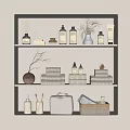 Stylish Bathroom Accessories On Illuminated Shelves With Bottles Towels Baskets And Vases