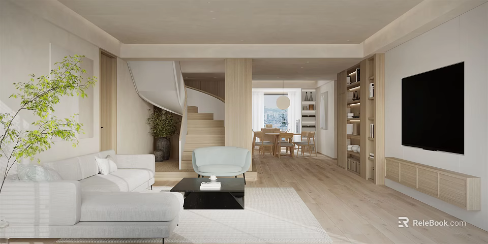 Modern Open Concept Living Dining Room Interior With Sofa Dining Table And Bookshelves 3d model 