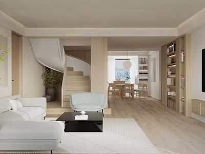 Modern Open Concept Living Dining Room Interior With Sofa Dining Table And Bookshelves 3d model