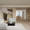 Modern Open Concept Living Dining Room Interior With Sofa Dining Table And Bookshelves