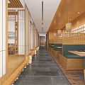 Japanese Style Restaurant Interior With Wooden Partitions Lantern Chandeliers Green Booths And Dark Stone Floor