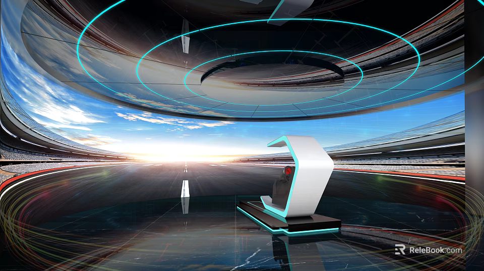 Modern Exhibition Hall Interior With Circular Lighting And Interactive Console Design 3d model