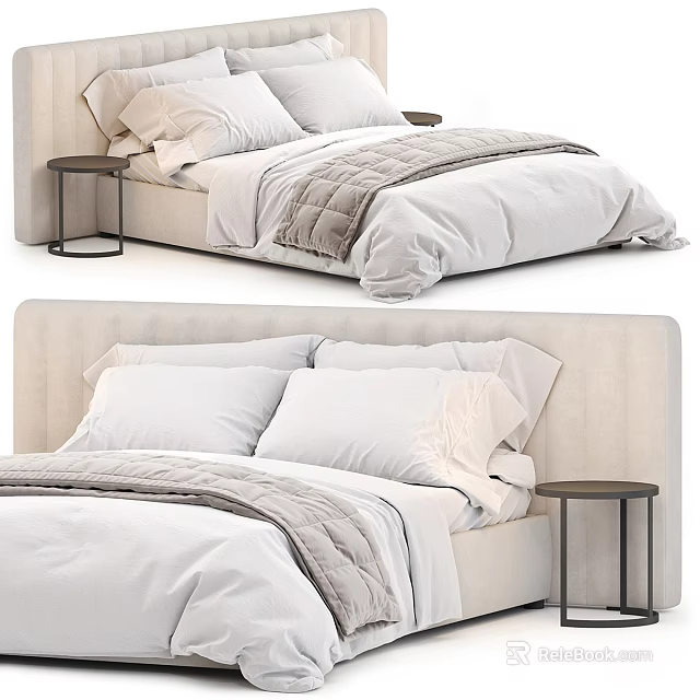 Modern Minimalist Double Bed With Upholstered Headboard White Bedding Gray Blanket And Bedside Table 3d model 