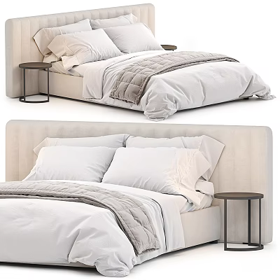 Modern Minimalist Double Bed With Upholstered Headboard White Bedding Gray Blanket And Bedside Table 3d model