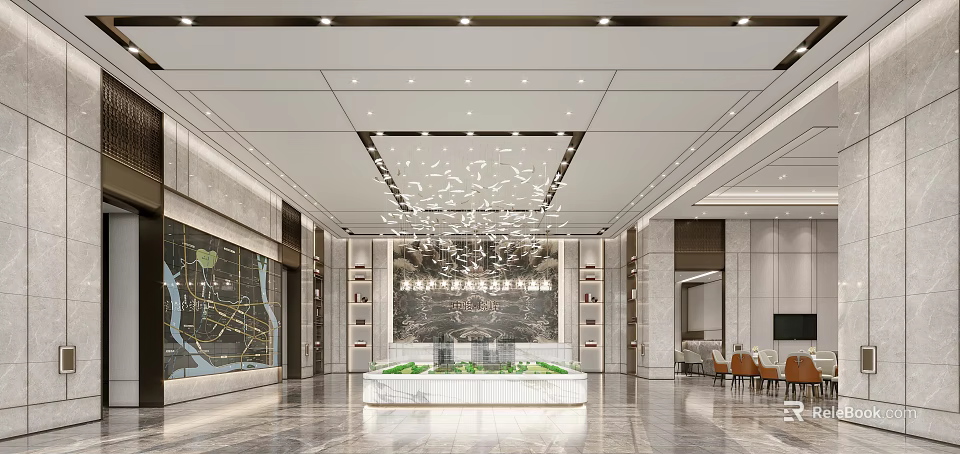 Elegant Modern Luxury Real Estate Sales Office With Artistic Chandelier And Property Sand Table 3d model 