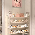 White Multi Tiered Shoe Rack Organizing High Heels Sneakers With Handbags And Flower Vase