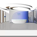 Elegant Curved Modern Office Reception Desk With Blue Gradient Brand Background And Circular Ceiling Light