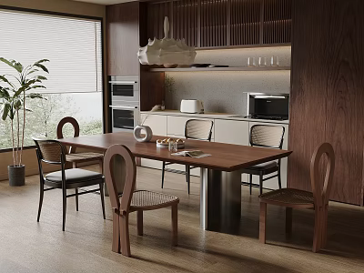 Modern Dining Living Room Interior With Wooden Table Chairs Kitchen Cabinets And Pendant Light 3d model