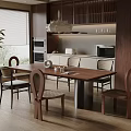 Modern Dining Living Room Interior With Wooden Table Chairs Kitchen Cabinets And Pendant Light