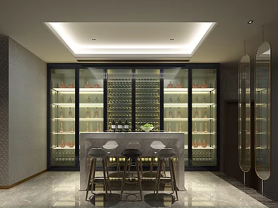 Modern Luxury Wine Cellar Design With Glass Door Wine Racks Marble Bar High Stools 3d model