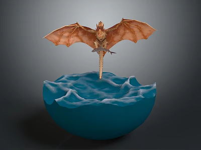 Home Furniture Decorative Blue Bowl With Wave Design And Orange Winged Dragon Ornament 3d model