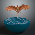 Home Furniture Decorative Blue Bowl With Wave Design And Orange Winged Dragon Ornament