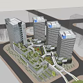 Modern High Rise Building Complex With Green Roofs And Connected Roads 3d model