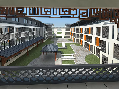 School Building Design With Courtyard Pavilion Traditional Carved Railings And Modern Traditional Architecture 3d model