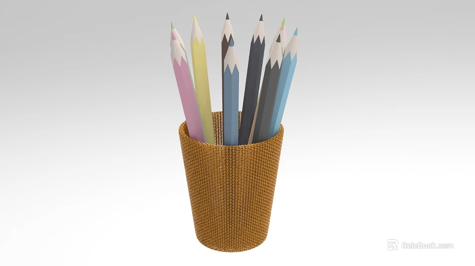 Creative Art Installation With Woven Pen Holder And Colorful Pencils 3d model 