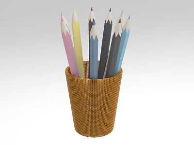 Creative Art Installation With Woven Pen Holder And Colorful Pencils 3d model
