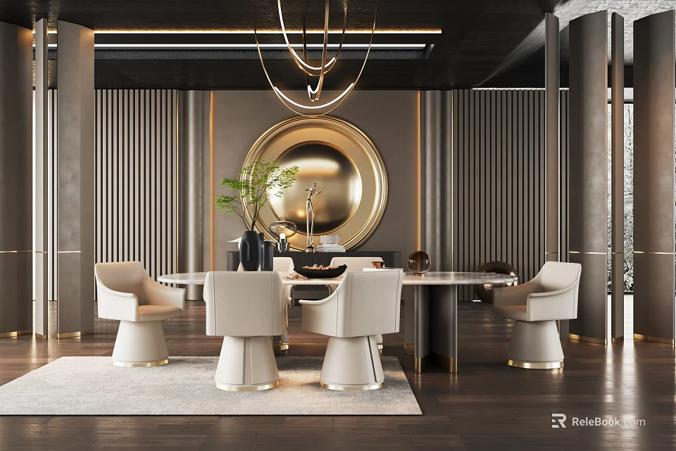 Modern Restaurant Interior With Circular Mirror Chandelier White Chairs Dining Table And Striped Wall 3d model 