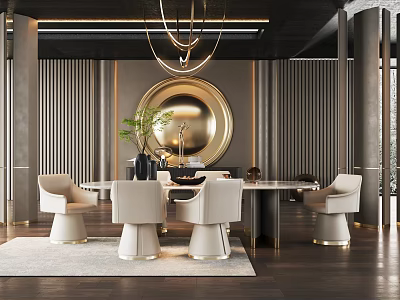 Modern Restaurant Interior With Circular Mirror Chandelier White Chairs Dining Table And Striped Wall 3d model