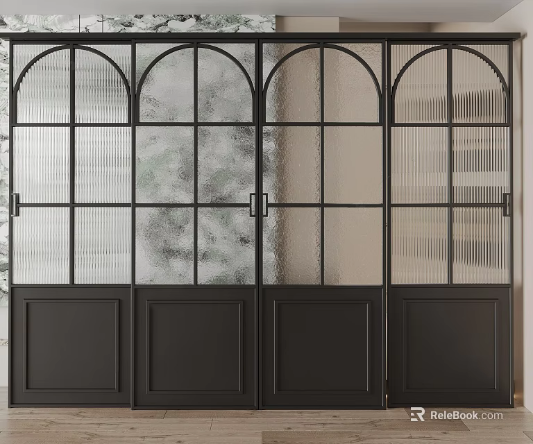 Modern Black Framed Sliding Doors With Arched Tops And Textured Glass Panels 3d model 