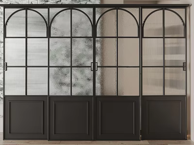 Modern Black Framed Sliding Doors With Arched Tops And Textured Glass Panels 3d model