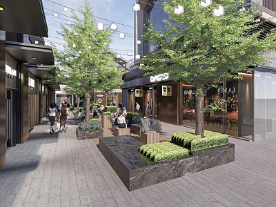 Commercial Landscape Design With Pedestrian Walkway Shops Trees String Lights And Greenery 3d model