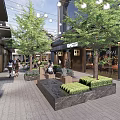 Commercial Landscape Design With Pedestrian Walkway Shops Trees String Lights And Greenery