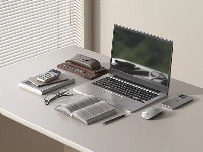 Modern Laptop on Desk with Open Book Eyeglasses Calculator Mobile Phone and Mouse 3d model