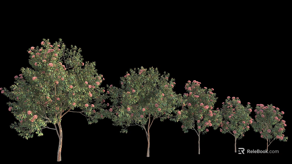 Lush Flowering Trees With Pink Blossoms And Green Foliage Arranged In A Row 3d model 